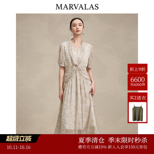 曼德诗V领连衣裙2025夏季 水墨晕染风印花艺术扭结设计雪纺裙 新款