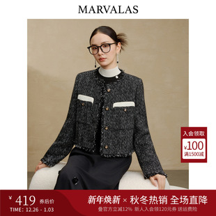 曼德诗复古撞色小香风短外套2025冬季 绵羊毛混纺大衣毛呢外套 新款