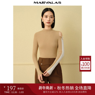 撞色拼接不对称露肩套头打底衫 新品 女 2025秋季 曼德诗绵羊毛针织衫