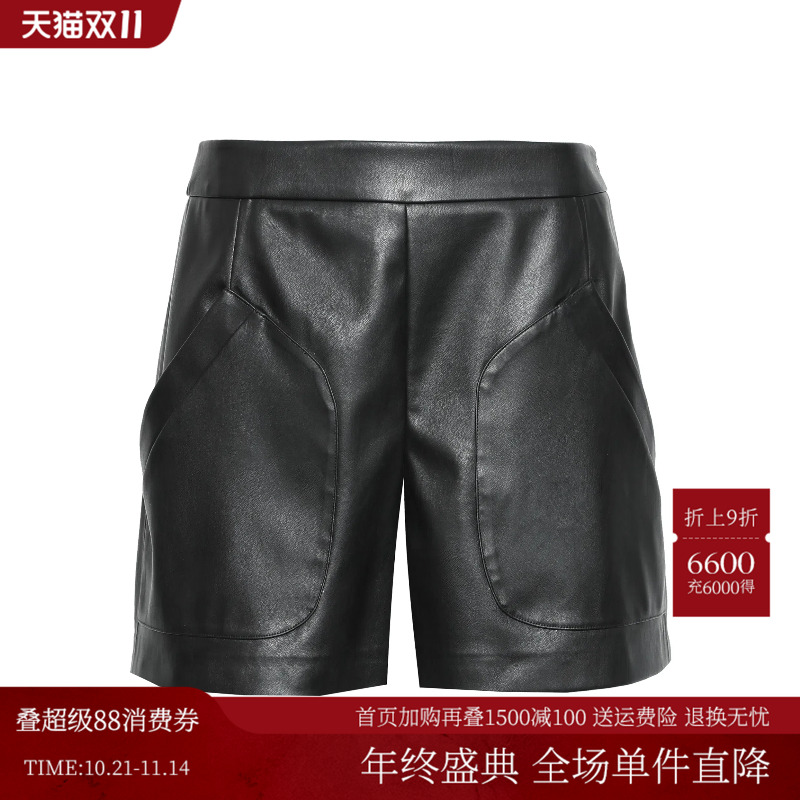 曼德诗高腰纯色皮裤2025秋季新款双色A字版宽松时尚设计感短裤女