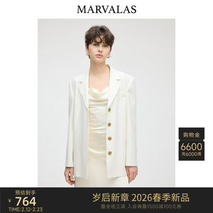Marvalas纯色西装2026春季新款经典微收腰正装亚麻棉混纺西服外套