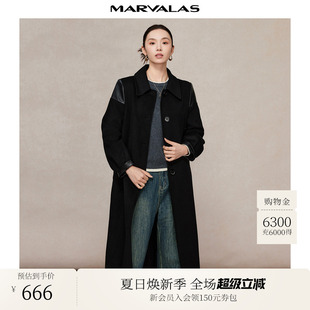 曼德诗100%绵羊毛呢大衣2024冬季 气质皮质拼接设计感毛呢外套 新款