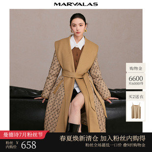 曼德诗羊毛呢拼接羽绒服2024冬季 字母满印大翻领设计大衣 新款 时尚