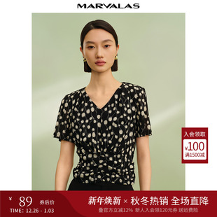 2025秋季 小衫 新款 轻薄修身 女 艺术感满印短袖 曼德诗V领黑白雪纺衫