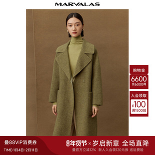 曼德诗气质毛呢外套2025冬季新品西装领双面呢全羊毛中长款大衣