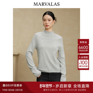 曼德诗100%绵羊毛套头衫2025冬季新款时尚半高领字母印花针织衫女
