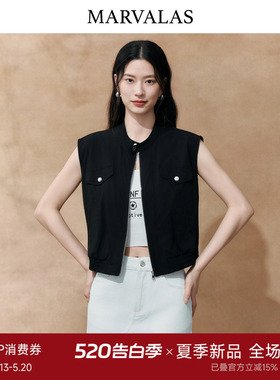Marvalas黑色雪纺马夹2026夏季新款曼德诗女装短款工装马甲外套女
