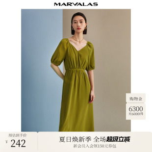 中长裙 曼德诗V领纯色收腰连衣裙2025夏季 新款 复古甜美泡泡袖 短袖