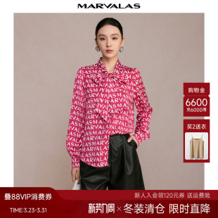 字母印花雪纺长袖 新品 花色飘带OL衬衣 2024冬季 曼德诗设计感衬衫