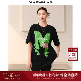 字母印花短袖 100%棉时尚 圆领通勤上衣 新款 曼德诗简约T恤2025秋季