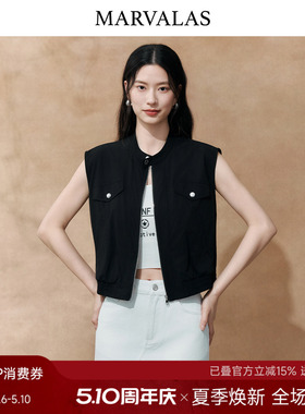 Marvalas黑色雪纺马夹2026夏季新款曼德诗女装短款工装马甲外套女