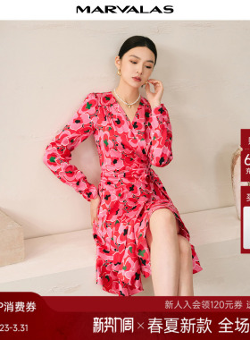 曼德诗花色连衣裙2026春季新款印花撞色收腰蝴蝶结飘带设计雪纺裙