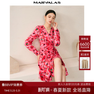 曼德诗花色连衣裙2026春季 印花撞色收腰蝴蝶结飘带设计雪纺裙 新款