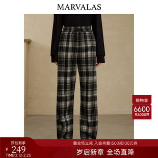 曼德诗复古格纹直筒休闲裤2025冬季新款松紧腰减龄裤子百搭阔腿裤