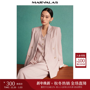 亚麻混纺优雅质感双排扣西服外套 新款 曼德诗纯色气质西装 2025秋季