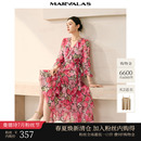 时尚 曼德诗度假碎花连衣裙女2025秋夏新款 撞色印花长裙雪纺裙子