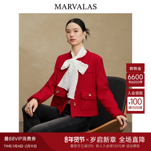 曼德诗小香风短外套2025冬季新款时尚绵羊毛混纺气质短款红色大衣