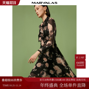 复古裙 气质雪纺压褶中长裙法式 曼德诗印花连衣裙女2025秋季 新品