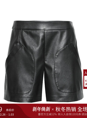 曼德诗高腰纯色皮裤2025秋季新款双色A字版宽松时尚设计感短裤女