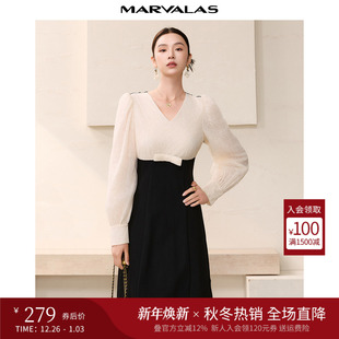 曼德诗V领连衣裙2025秋季 珠片绣蕾丝拼接工艺设计撞色裙子女 新款