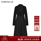 收腰小黑裙女 长袖 曼德诗针织拼接连衣裙2026春季 新款