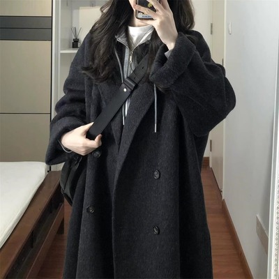 黑灰色高级感双面羊绒大衣女2025秋冬季新款韩系中长款羊毛呢外套
