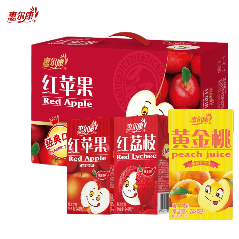 惠尔康红苹果整箱24盒黄金桃果汁