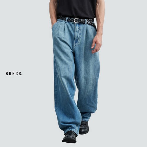 BURCS优雅中腰双褶宽锥形牛仔裤