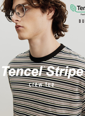 Burcs夏季新款凉感薄款天丝条纹T恤索罗娜螺纹领口男生短袖