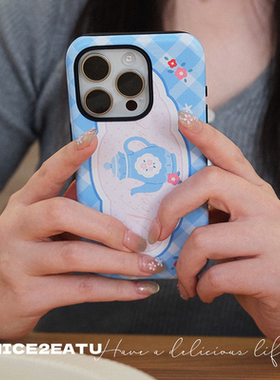 NICE2EATU 原创设计手机壳【奶霜茶叙】韩国菲林二合一蓝色格纹iPhone16pm适用苹果15pro韩系插画简约线条ins