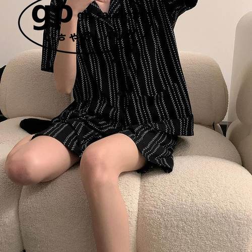 日本gp斑马纹睡衣男女士纯棉短袖