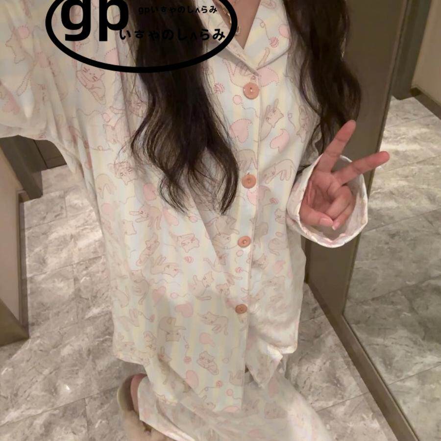 日本GP长袖睡衣女春秋季甜美可爱猫咪纯棉舒适学生家居服少女套装