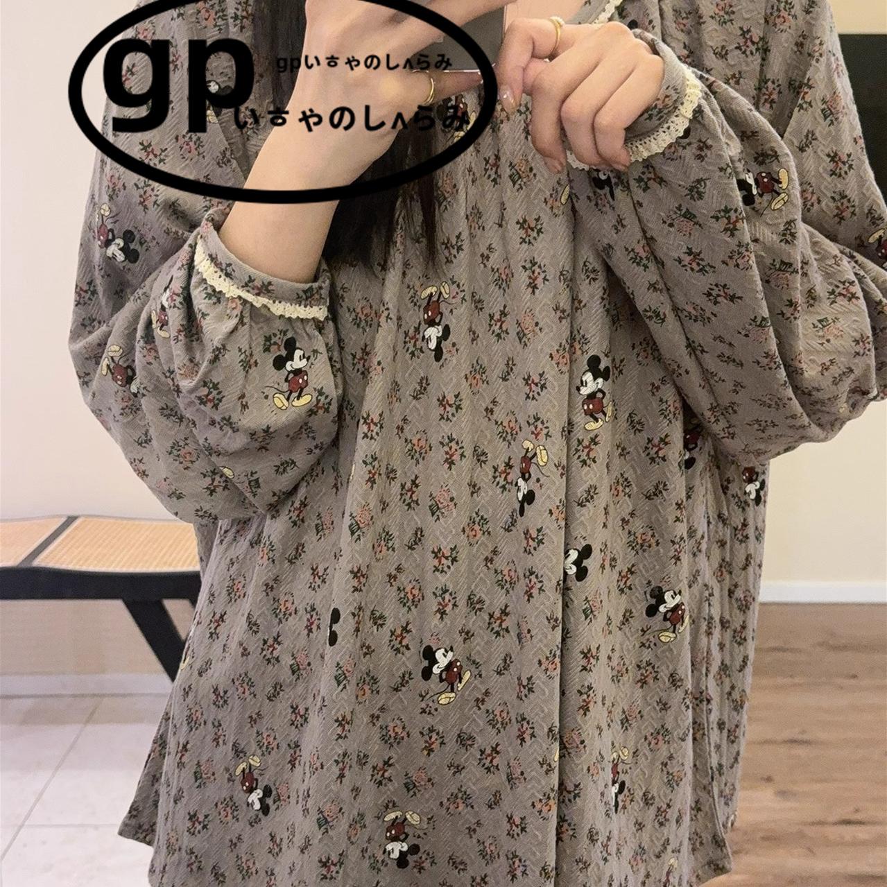 日本gp花边睡衣女士春秋卡通米奇提花纯棉长袖长裤圆领家居服套装