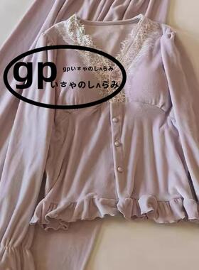 日本GP带胸垫睡衣女春秋冬季海岛绒长袖性感开衫网红风家居服套装