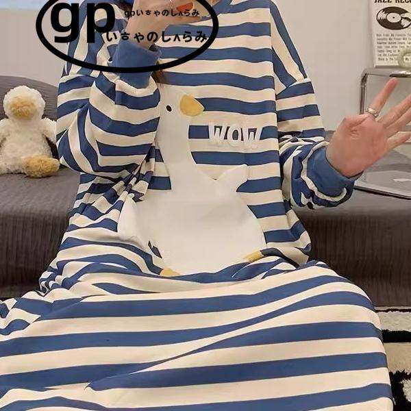 日本GP春秋冬季纯棉睡裙卡通白鹅条纹长袖睡衣宽松大妈家居服外穿