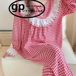 家居服套装 日本gp睡衣女款 长裤 春秋季 甜美蕾丝边格子云朵棉长袖