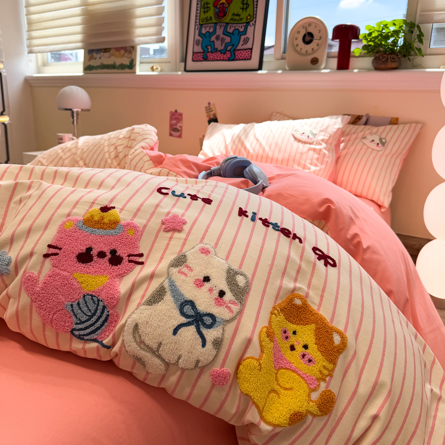 可爱毛巾绣全棉磨毛被套四件套