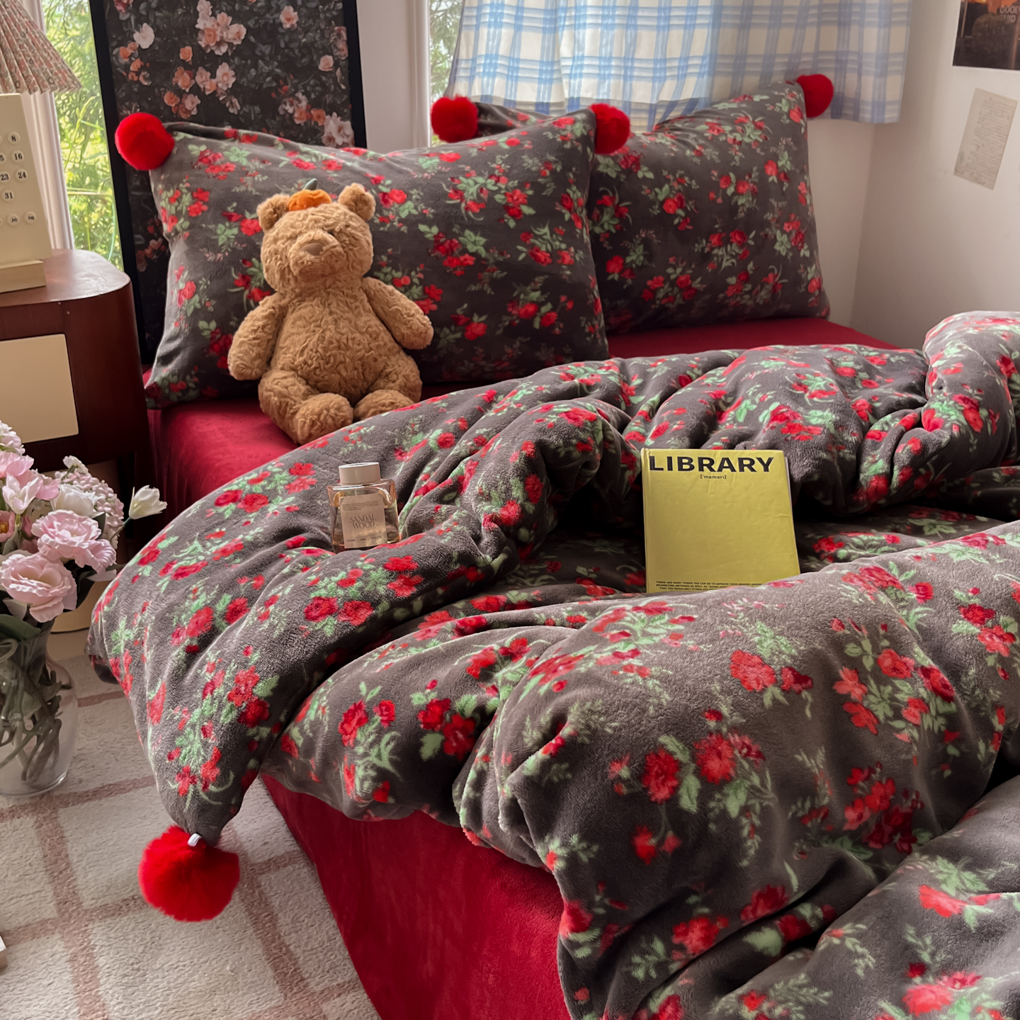 复古小花双面牛奶绒毛球四件套