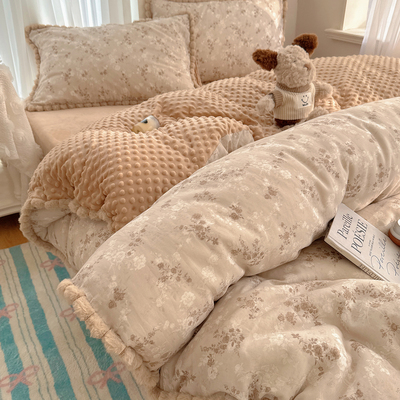 a全棉双层纱b豆豆绒毛球四件套