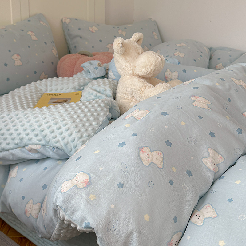 全棉双层纱豆豆绒床上用品四件套儿童秋冬珊瑚绒加绒婴儿被套床盖