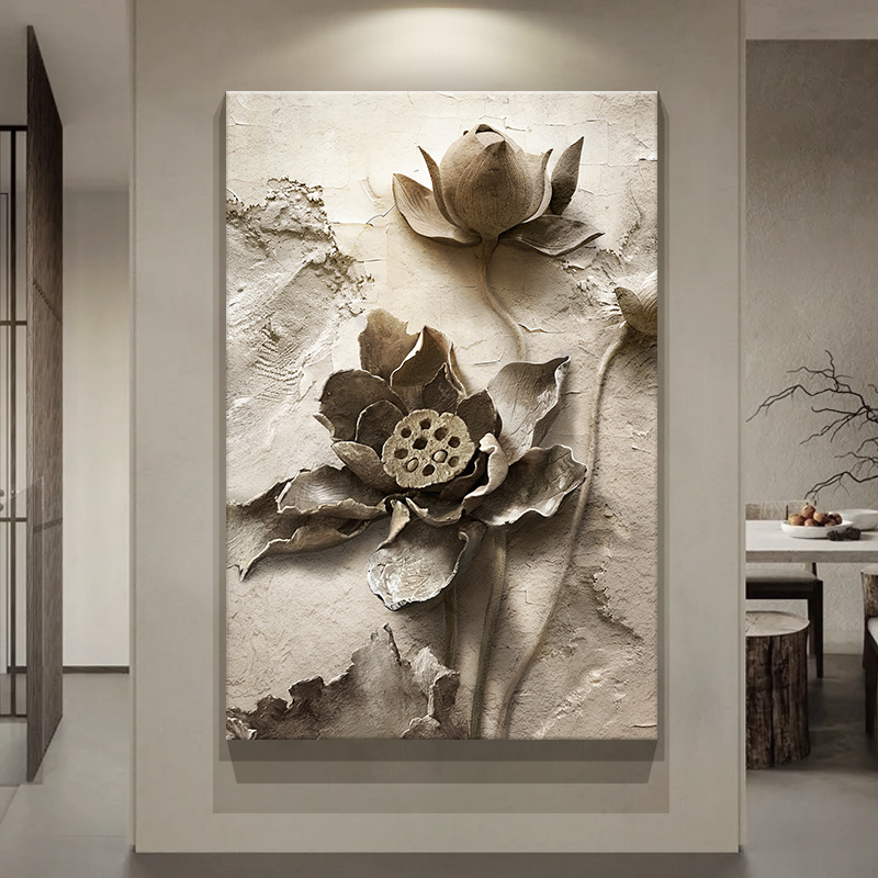 日式侘寂风玄关装饰画荷花挂画浮雕立体感中式客厅沙发背景墙壁画图片