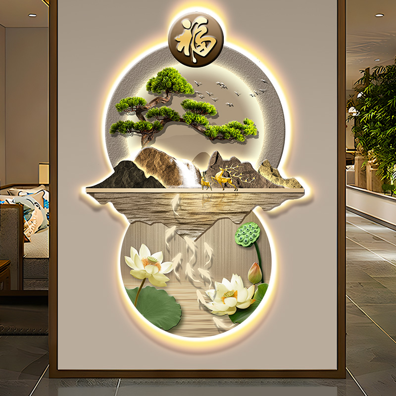 入户正门玄关装饰画新中式家居墙面饰品灯画福字荷花走廊过道壁画图片