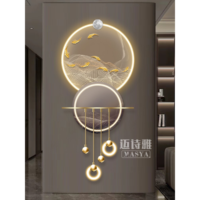 九鱼聚财玄关装饰画现代轻奢高档走廊尽头led壁灯立体寓意好挂画图片