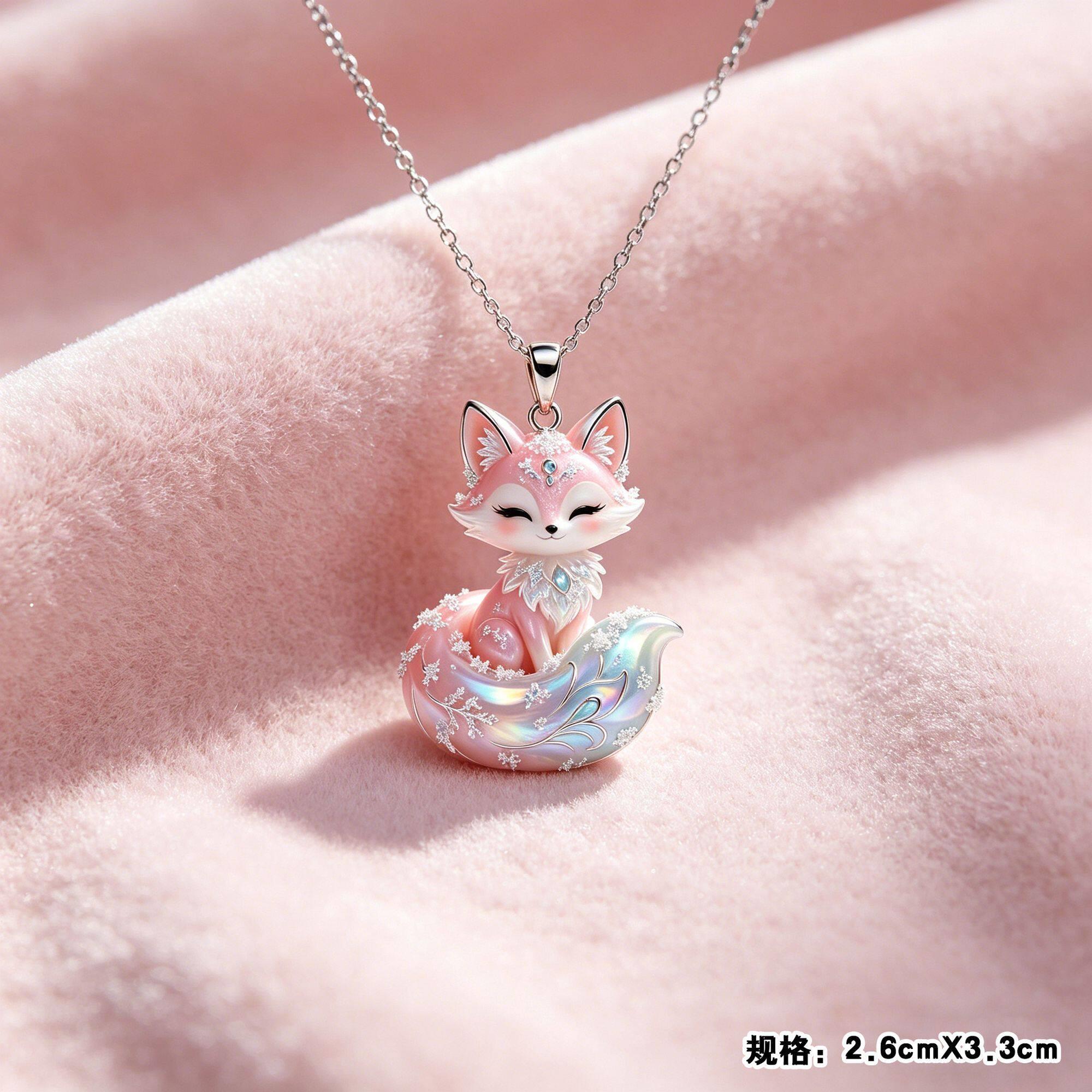 正品粉色狐狸吊坠项链珐琅彩合金锁骨链毛衣链送闺蜜朋友生日礼物