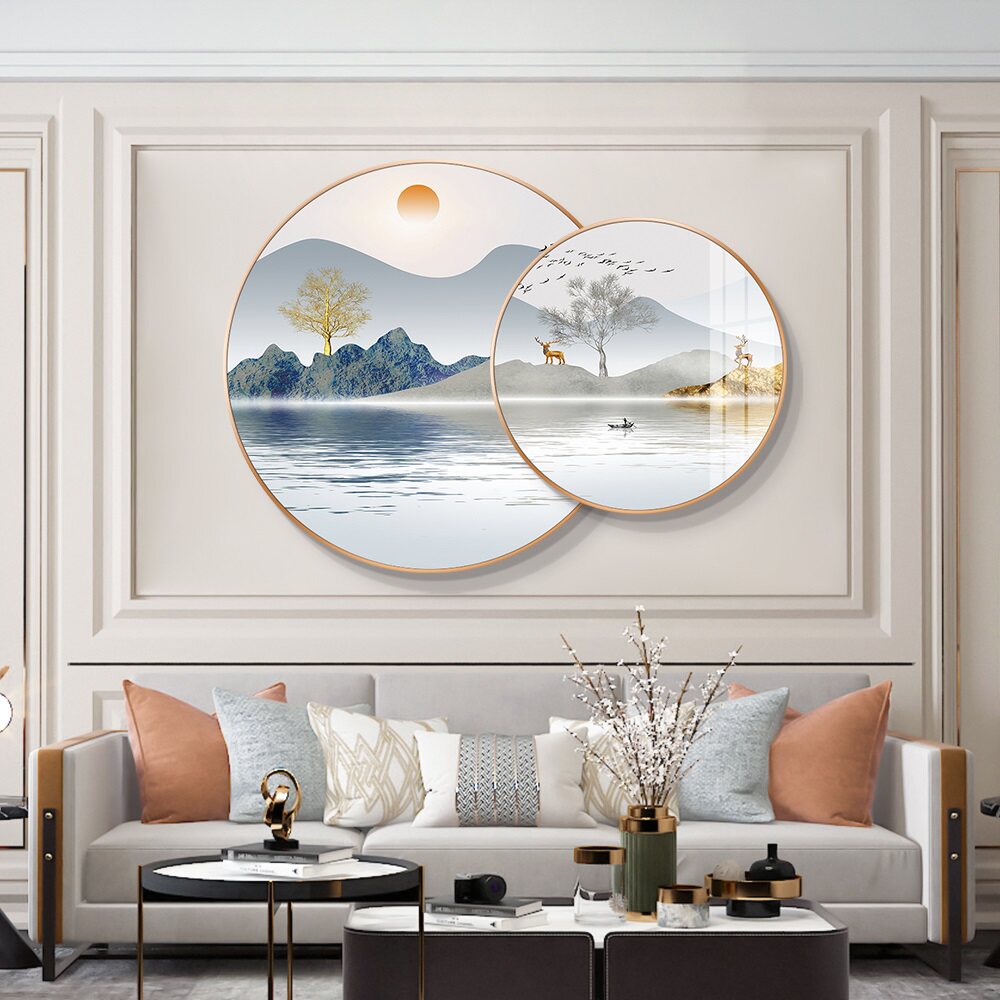 福禄双全新中式山水挂画客厅沙发背景墙装饰画餐厅挂画圆形墙壁画
