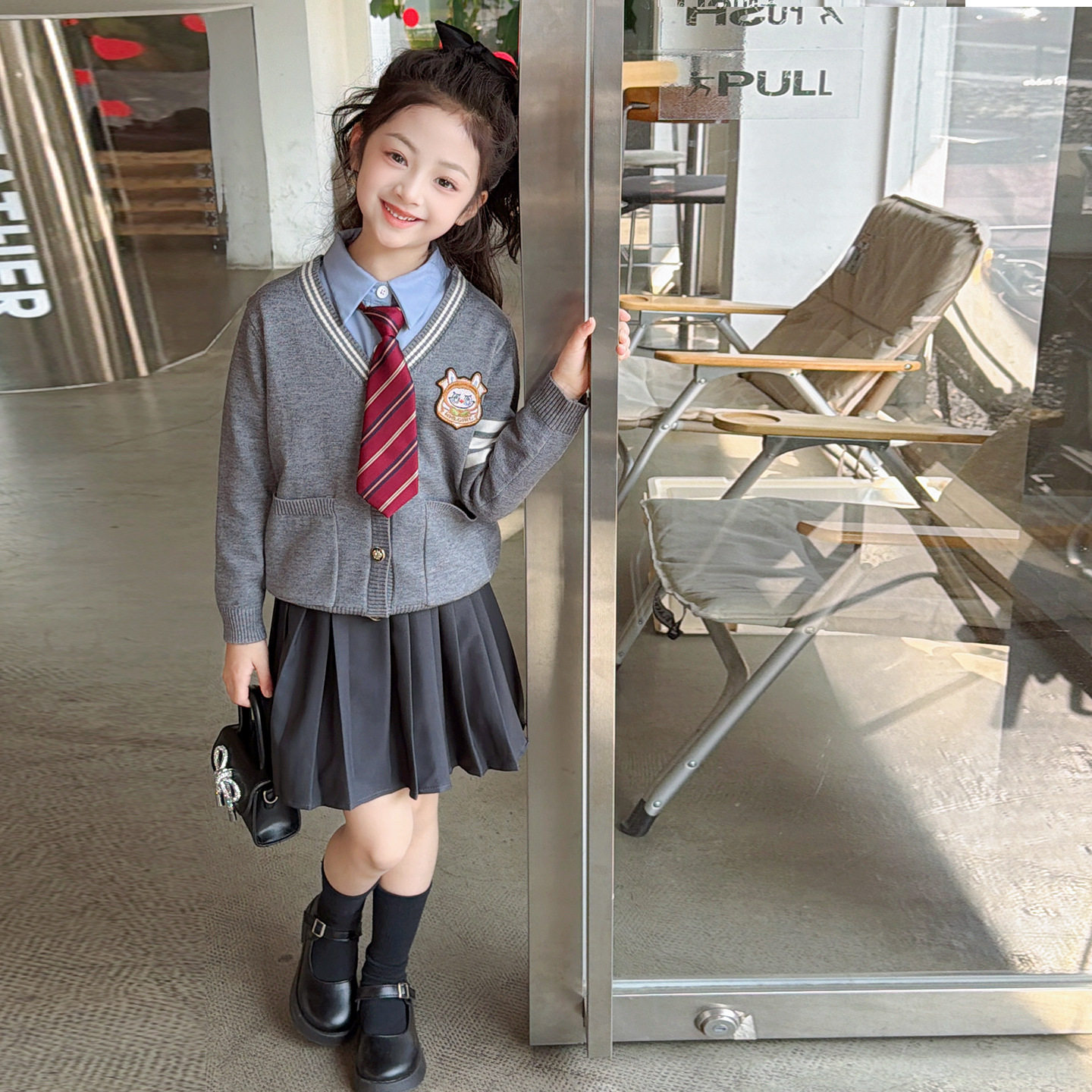 女童园服校服学院风演出服春秋儿童jk衬衫毛线开衫衬衫裙子三件套