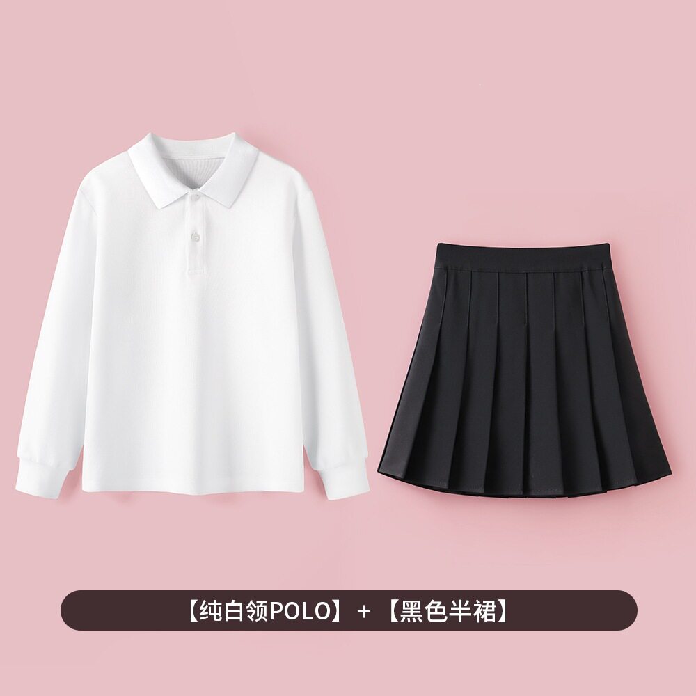 女童套装白色长袖POLO衫短裙运动会表演中小学生春秋校服套装儿童