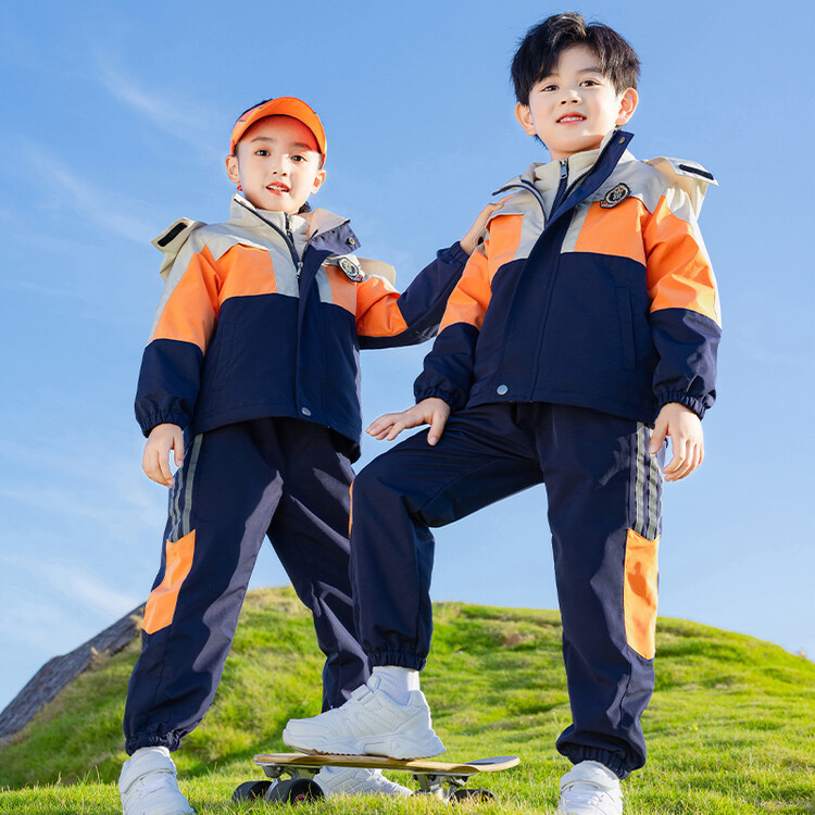 小学生冲锋衣校服幼儿园园服初中学生秋冬三合一套装儿童班服橘色