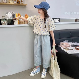 新款 女童夏季 上衣波點(diǎn)圓點(diǎn)套裝 中大童兒童七分褲 泡泡袖 寬松