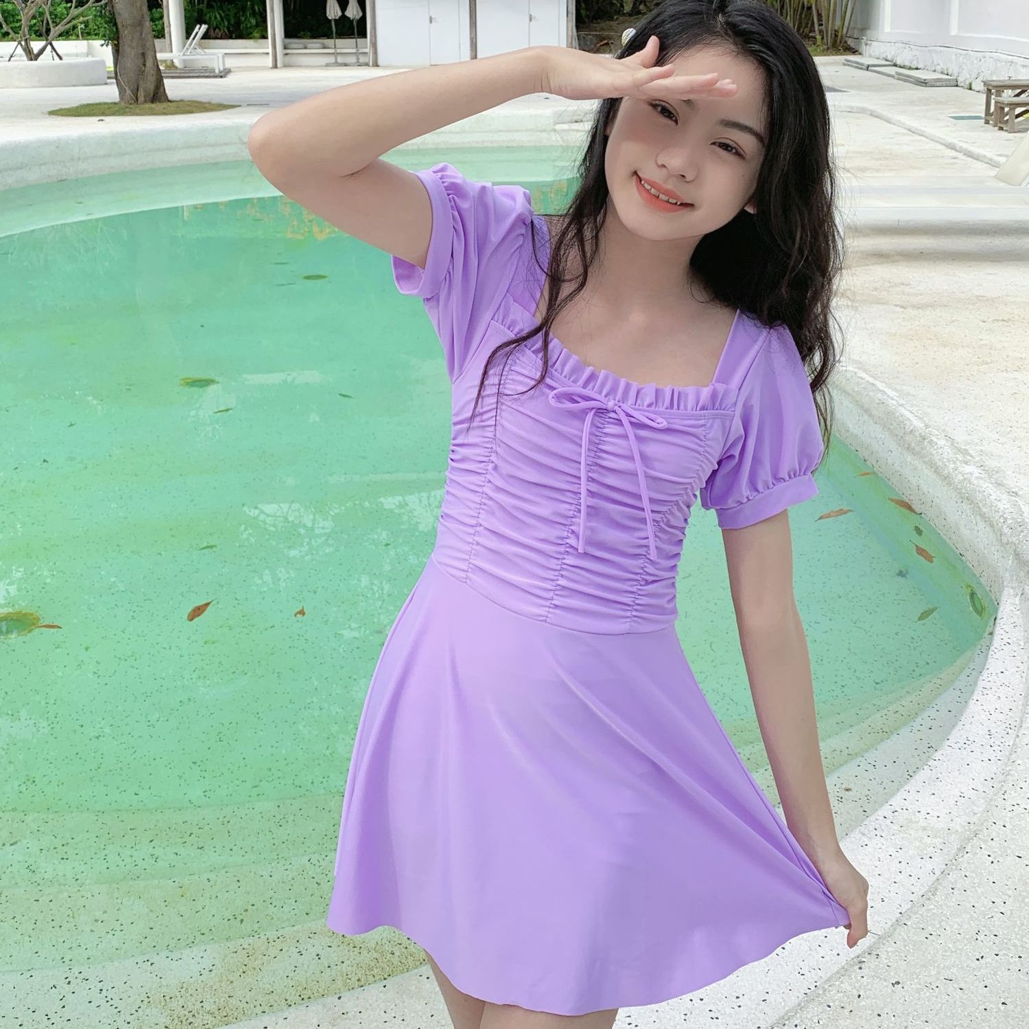 儿童泳衣女孩2025新款连体女童中大童素色学生防晒防走光游泳衣